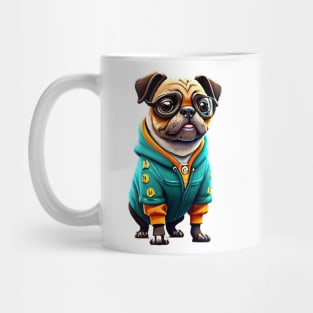 Cute Pug in Green Hoodie - Adorable Nerdy Dog T-shirt Design Mug